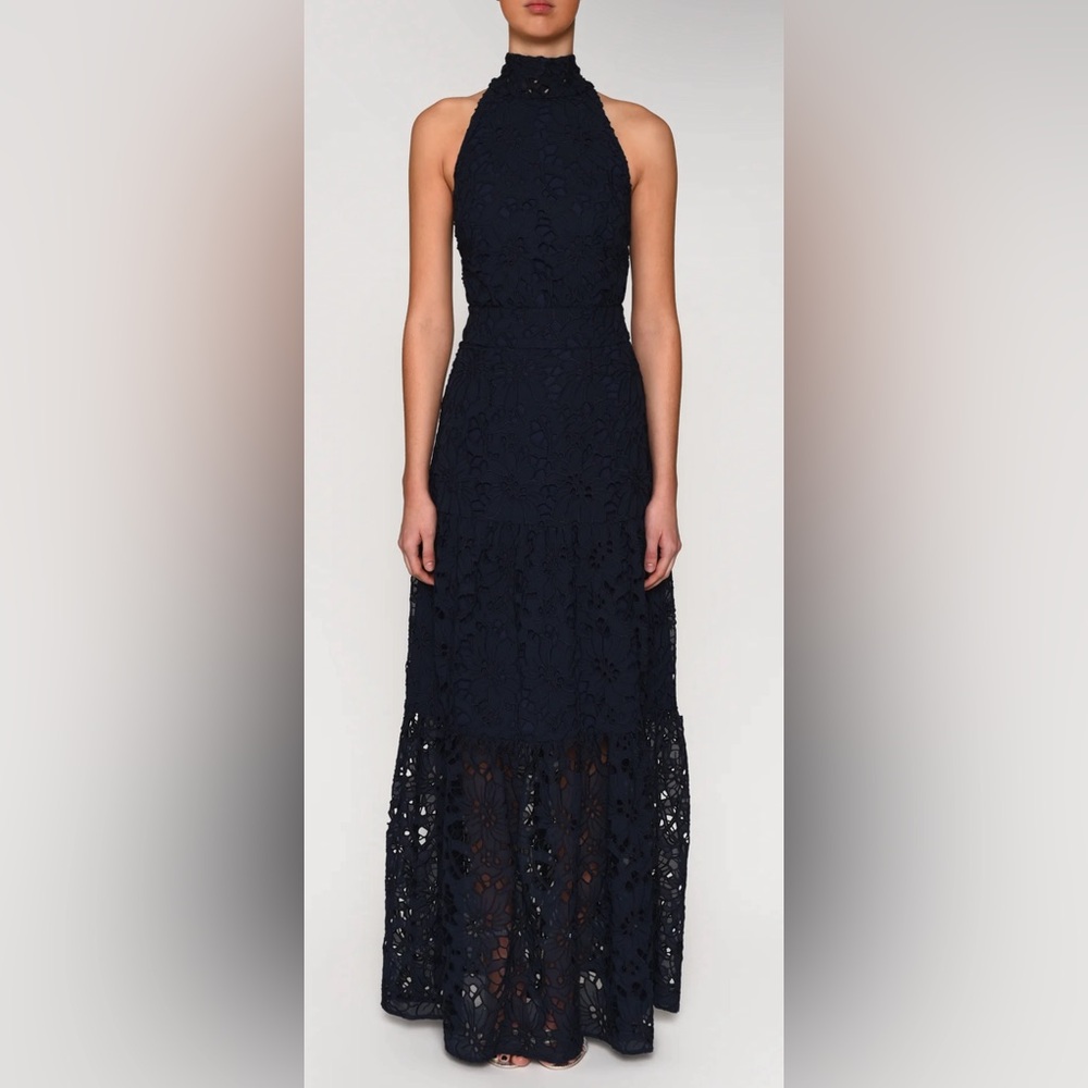 NWT True Decadence Navy Cut Work Organza Halter Neck Maxi Dress Sz 8